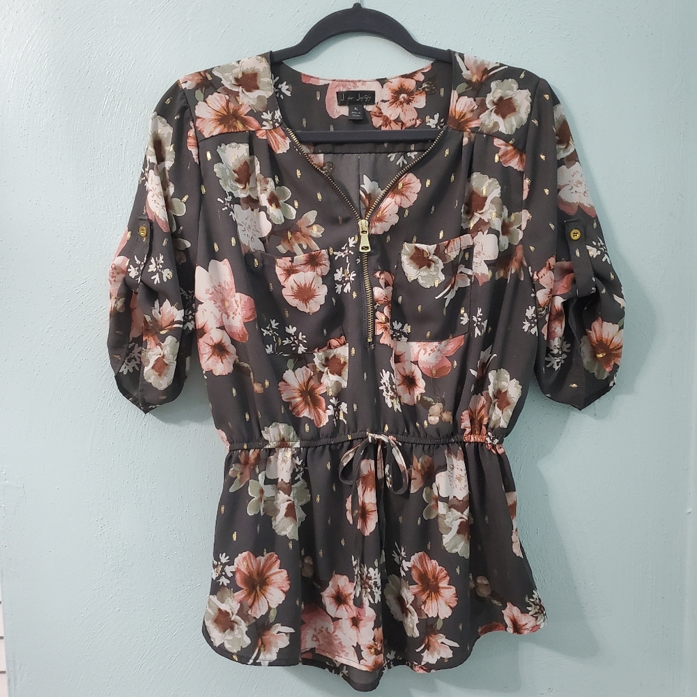 Women's Top Peplum Floral Blush Pink/Grey blouse